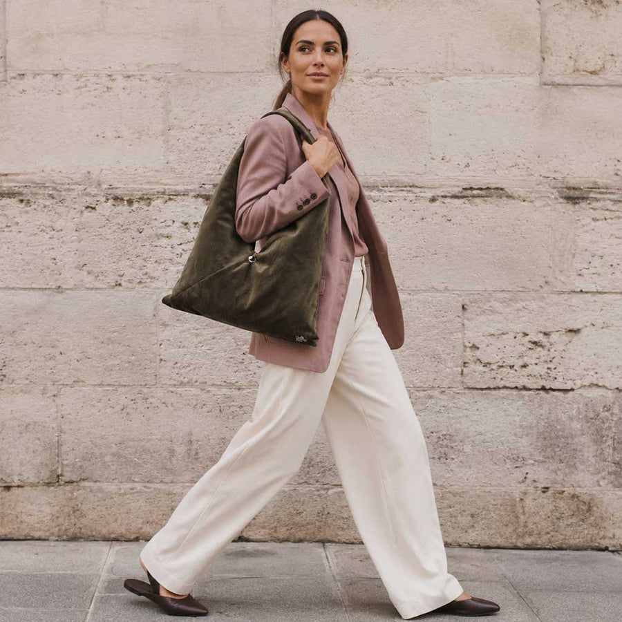 OVERSIZED | Χειροποίητη Βελούδινη Τσάντα Ώμου Shopper – Moss Green