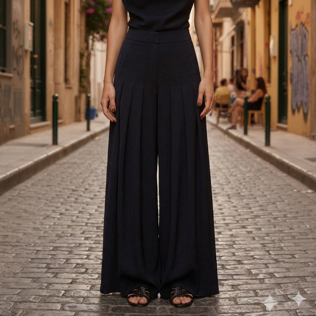 BLACK PIETA PANTS: Χειροποίητη παντελόνα palazzo, βισκόζ