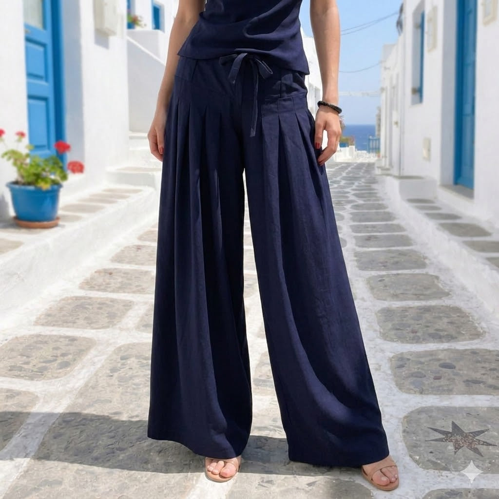 NAVY BLUE PIETA PANTS: Χειροποίητη παντελόνα palazzo, βισκόζ