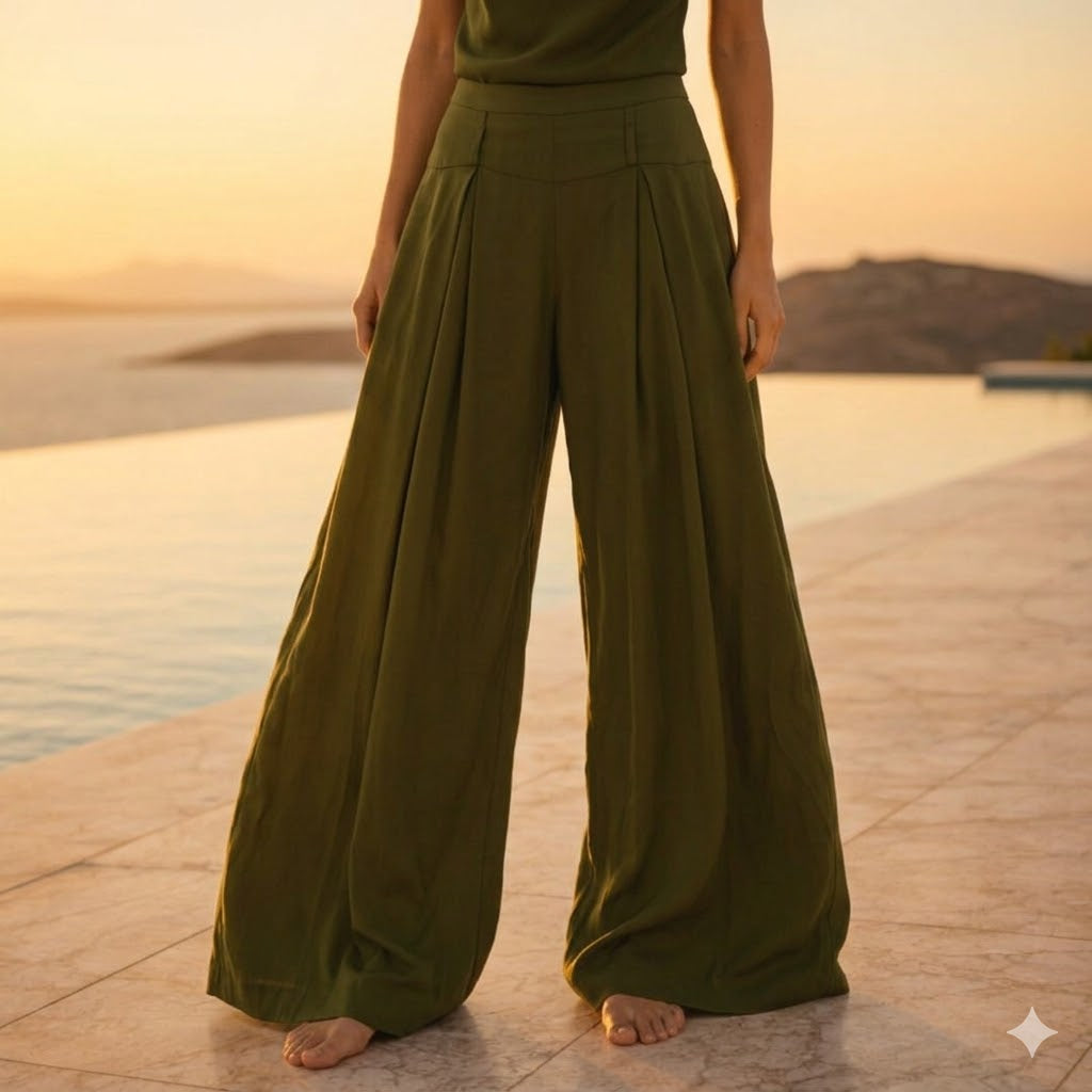 OLIVE PIETA PANTS: Χειροποίητη παντελόνα palazzo, βισκόζ