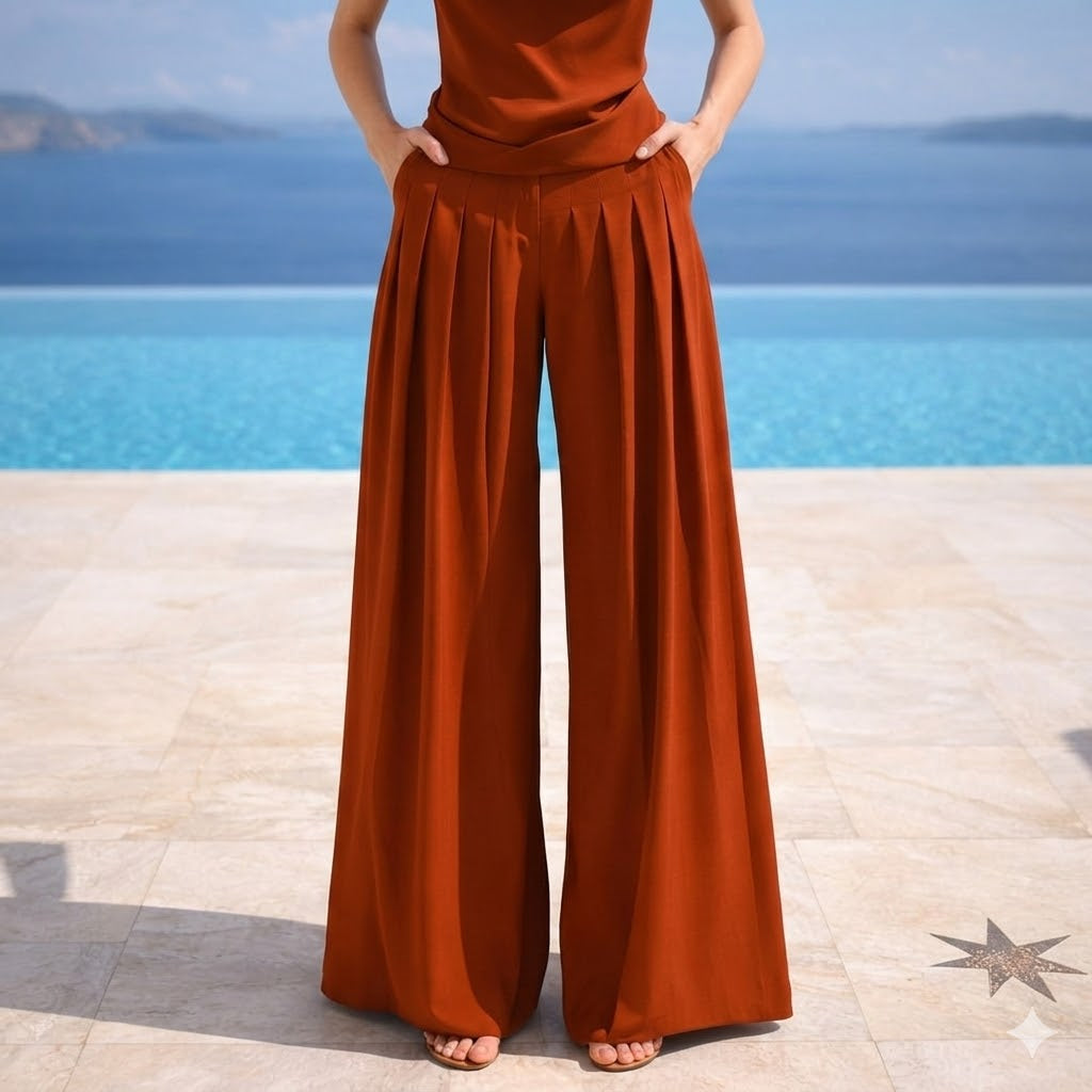 TERRACOTTA PIETA PANTS: Χειροποίητη παντελόνα palazzo, βισκόζ