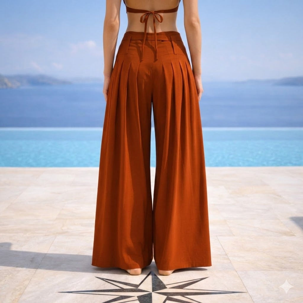 TERRACOTTA PIETA PANTS: Χειροποίητη παντελόνα palazzo, βισκόζ