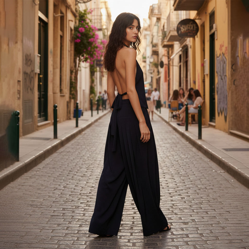 BLACK BACK TOP: Χειροποίητο τοπ, λαιμόκοψη με κοδρόνια, δέσιμο στη πλάτη, βισκόζ