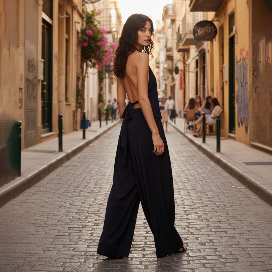 BLACK BACK TOP: Χειροποίητο τοπ, λαιμόκοψη με κοδρόνια, δέσιμο στη πλάτη, βισκόζ