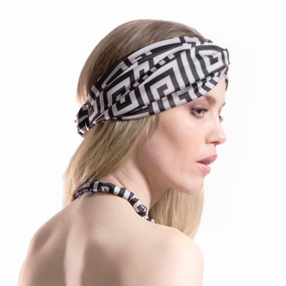 SAFFRON BEIGE: Bandana κορδέλα μαλλιών, με pattern greek key