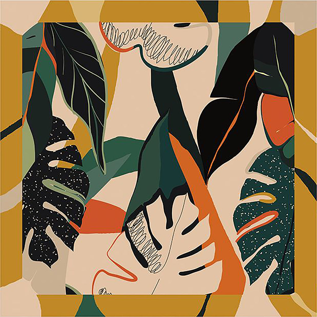 COLETTE: Μαντήλι 70x70, aabstract big leaves μοτίβο σε green, mustard και ecru