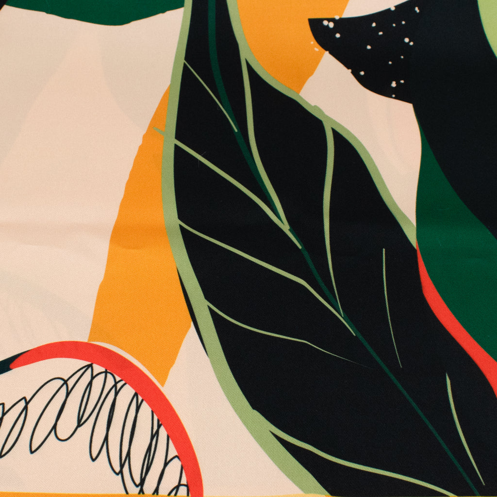 COLETTE: Μαντήλι 70x70, aabstract big leaves μοτίβο σε green, mustard και ecru