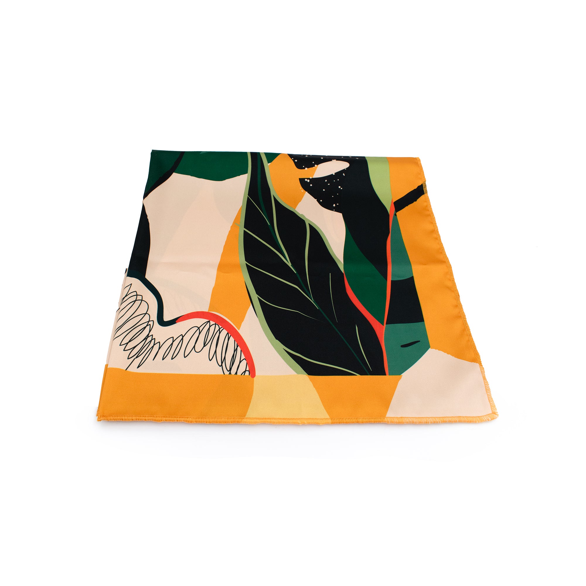 COLETTE: Μαντήλι 70x70, aabstract big leaves μοτίβο σε green, mustard και ecru