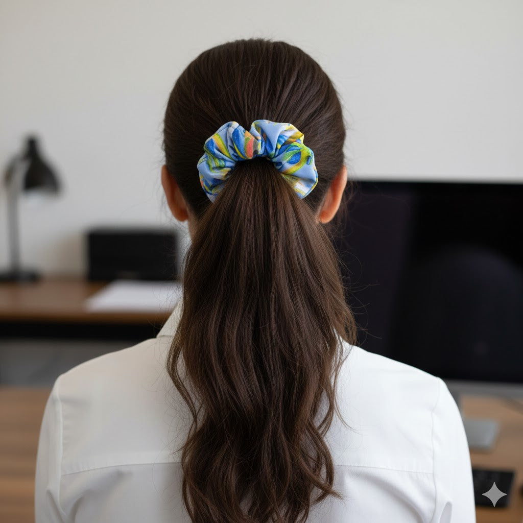 BERENICE INDIGO: Εμπριμέ λαστιχάκι μαλλιών scrunchie, σατεν