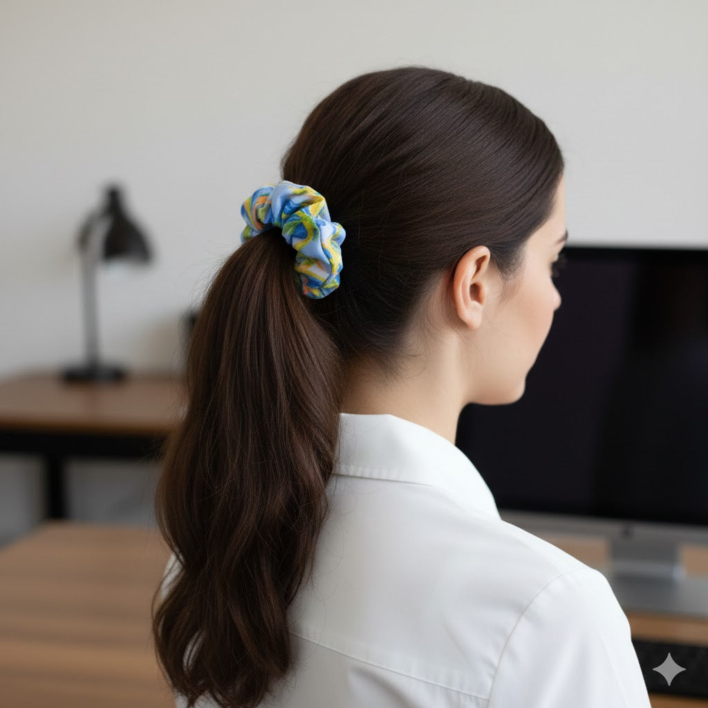 BERENICE INDIGO: Εμπριμέ λαστιχάκι μαλλιών scrunchie, σατεν
