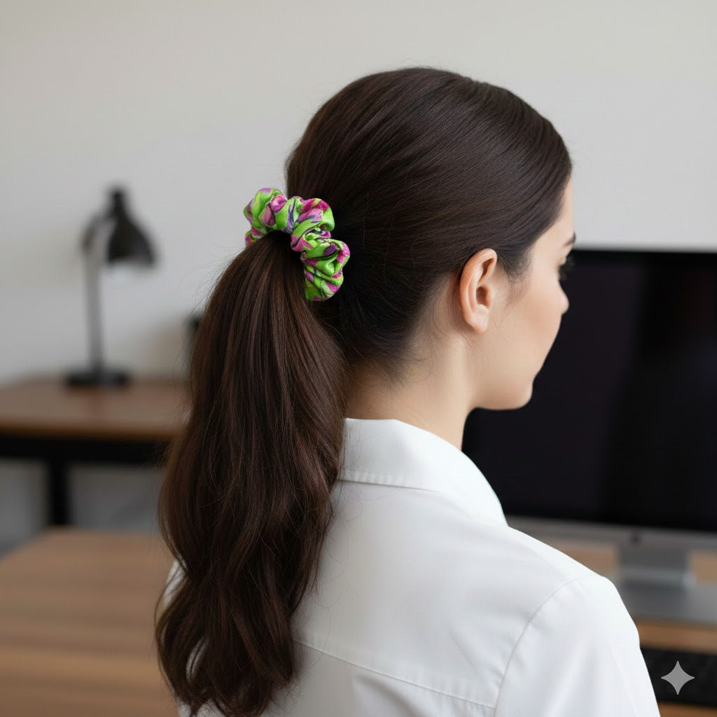 BERENICE KIWI: Εμπριμέ λαστιχάκι μαλλιών scrunchie, σατεν