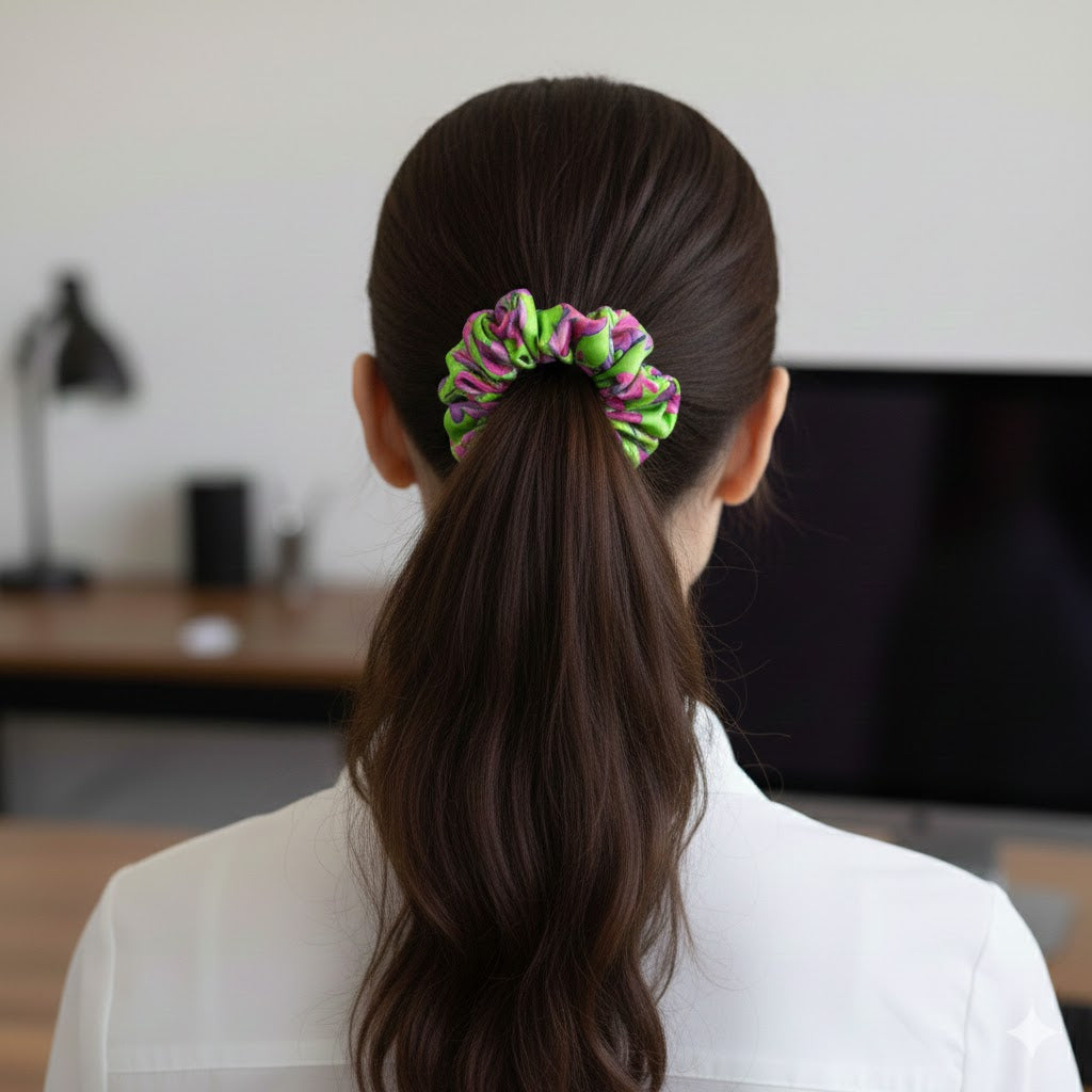 BERENICE KIWI: Εμπριμέ λαστιχάκι μαλλιών scrunchie, σατεν