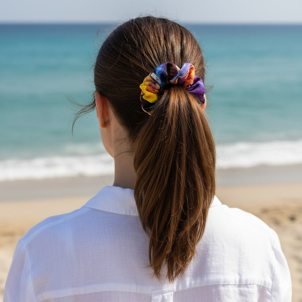 BERYL BLACK: Εμπριμέ λαστιχάκι μαλλιών scrunchie, σατεν
