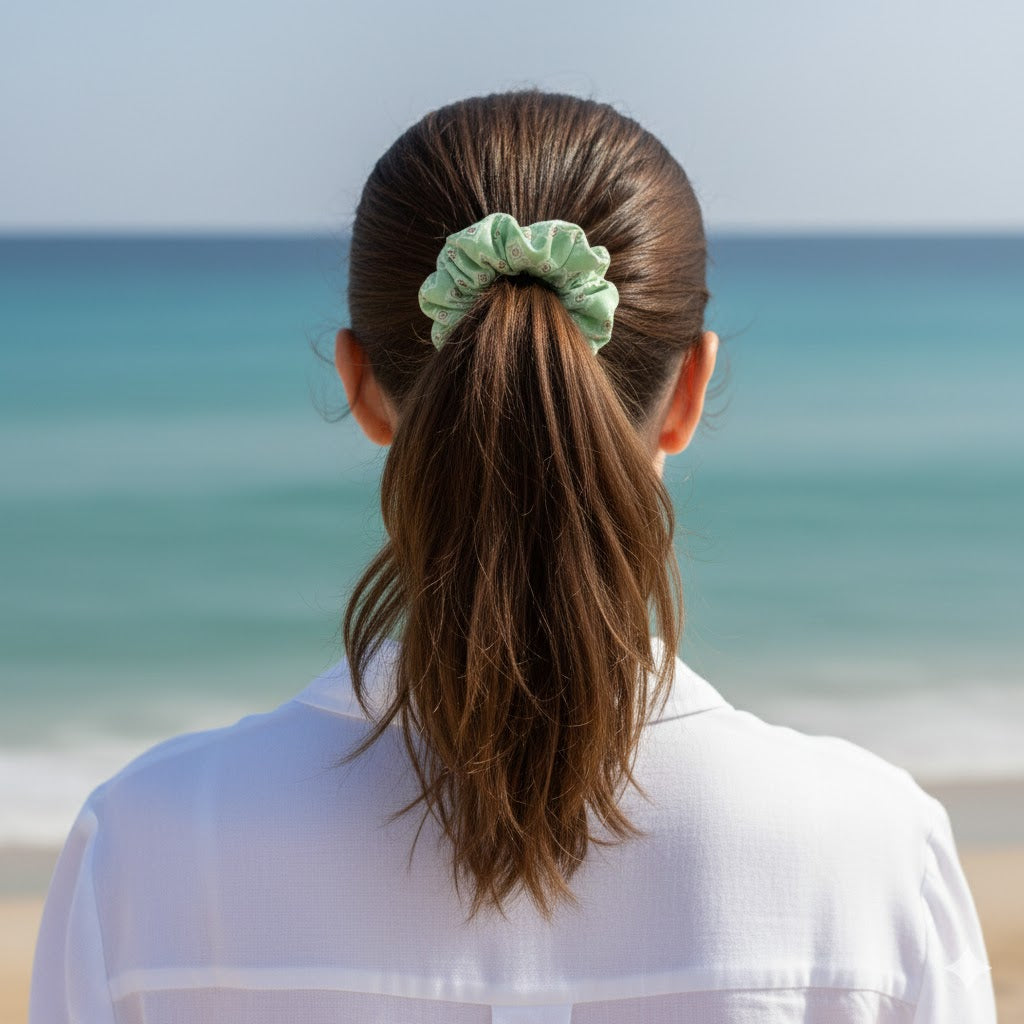 HERMINE PALE GREEN: Εμπριμέ λαστιχάκι μαλλιών scrunchie, σατεν