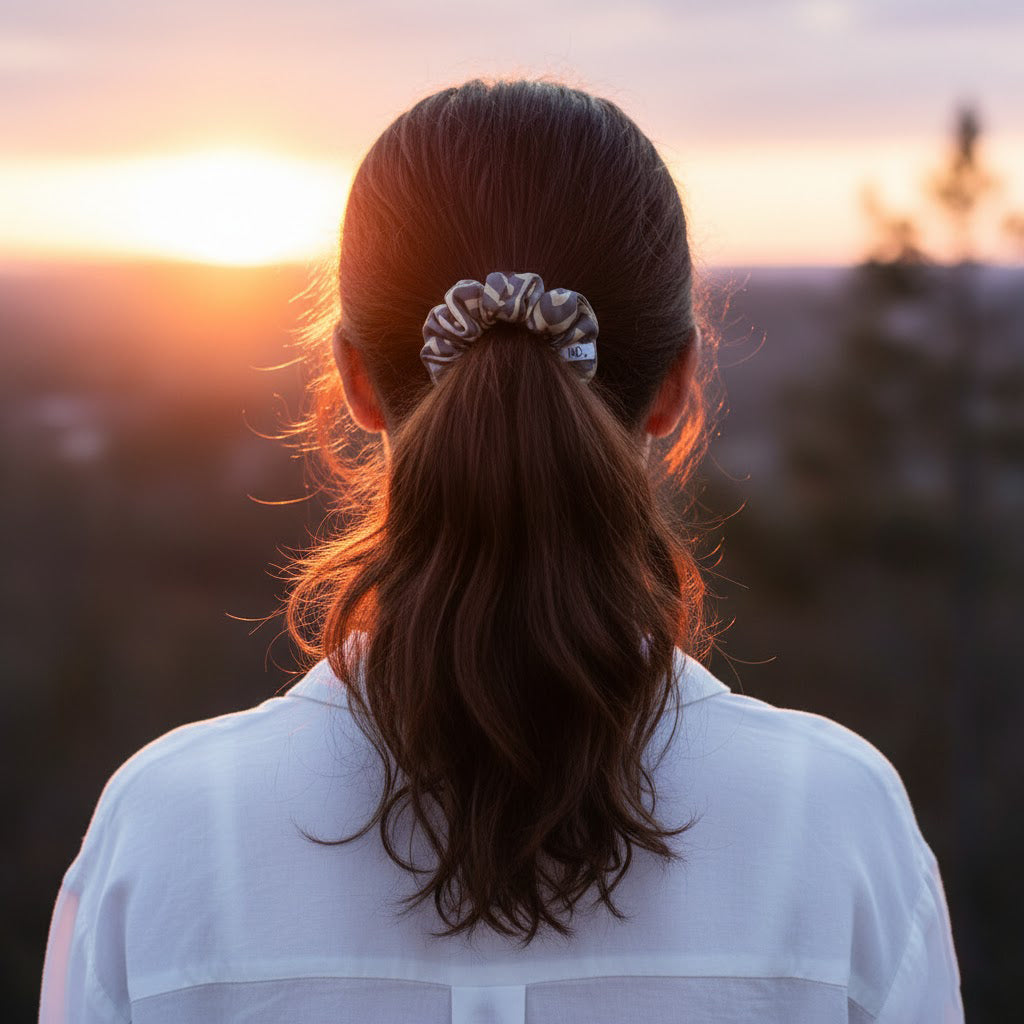 LIVIA GREY LATTE: Εμπριμέ λαστιχάκι μαλλιών scrunchie, σατεν
