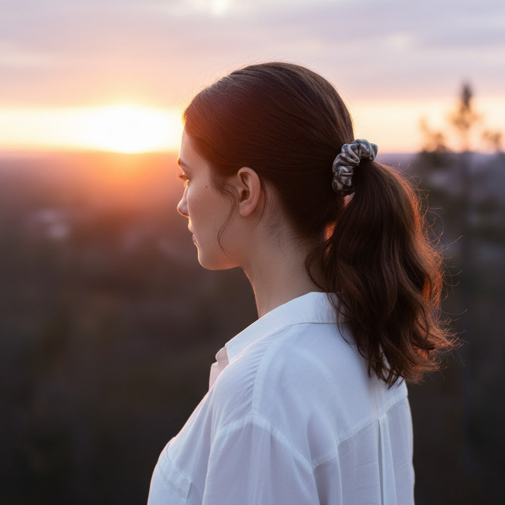 LIVIA GREY LATTE: Εμπριμέ λαστιχάκι μαλλιών scrunchie, σατεν