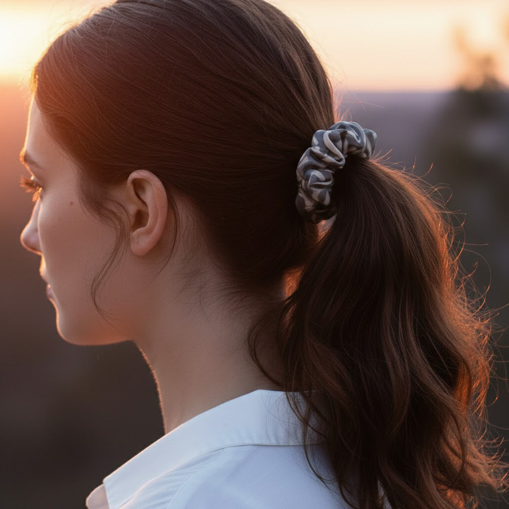 LIVIA GREY LATTE: Εμπριμέ λαστιχάκι μαλλιών scrunchie, σατεν