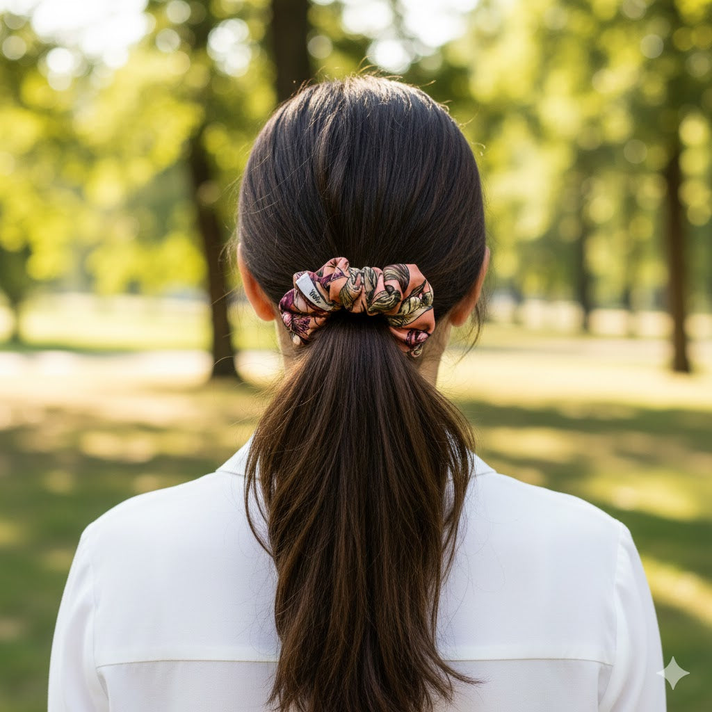 ROSETTE: Εμπριμέ λαστιχάκι μαλλιών scrunchie, σατεν