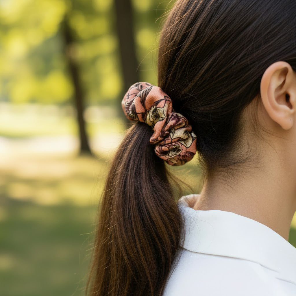 ROSETTE: Εμπριμέ λαστιχάκι μαλλιών scrunchie, σατεν