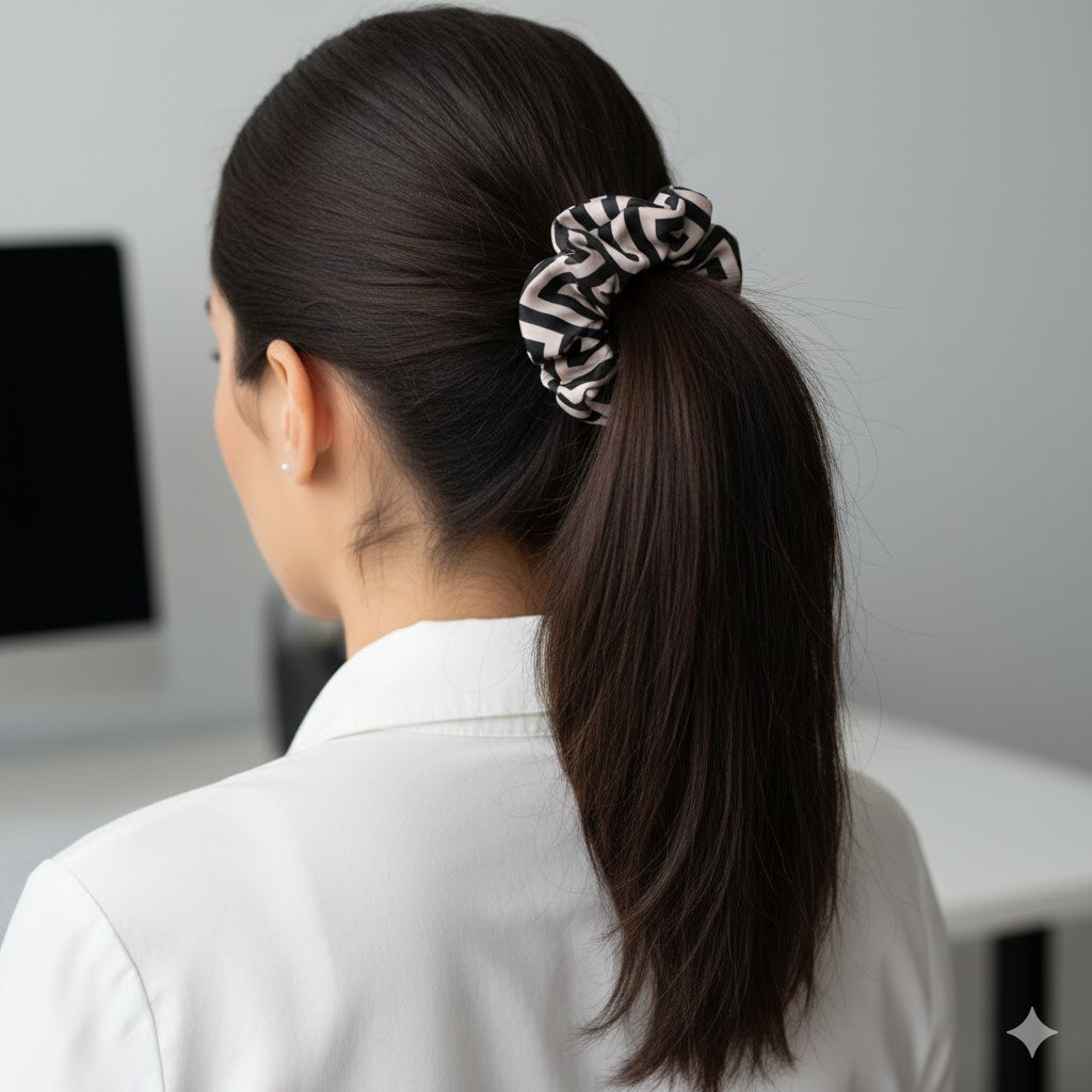 SAFFRON BEIGE: Εμπριμέ λαστιχάκι μαλλιών scrunchie, σατεν