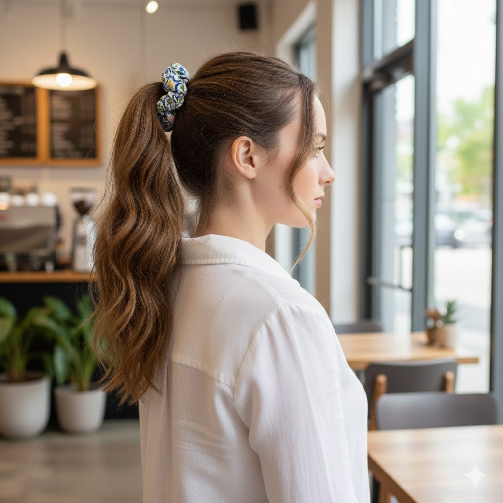 SORENTO: Εμπριμέ λαστιχάκι μαλλιών scrunchie, σατεν