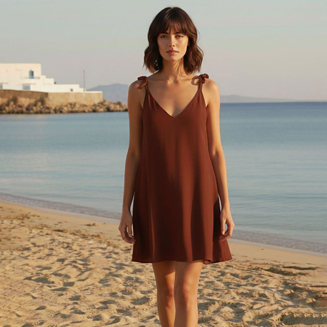 TERRACOTTA SHORT DRESS: Χειροποίητo, κοντό φόρεμα, φυσικό βισκόζ, A-line