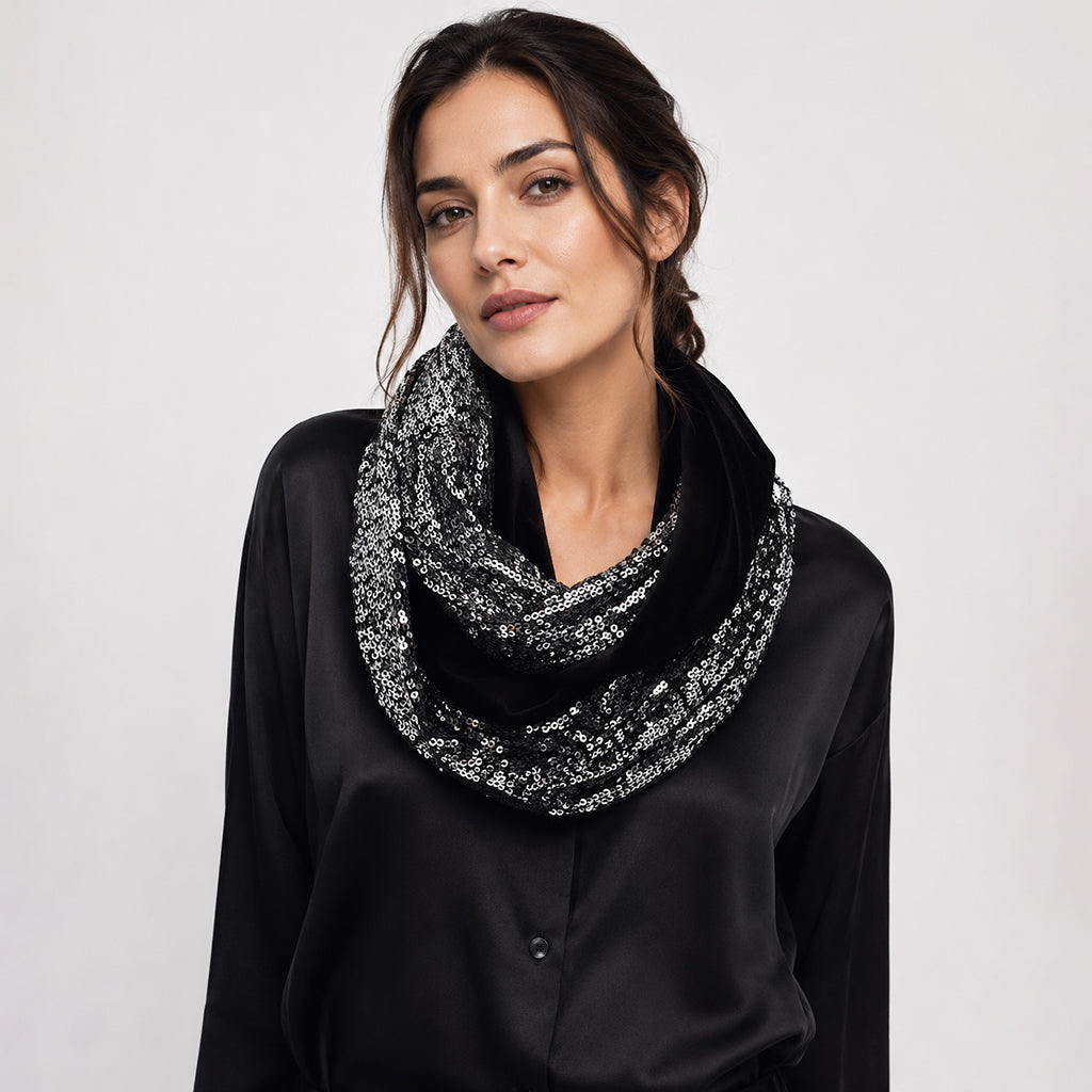 SILVER BLACK Infinity φουλάρι με ασημί παγιέτα και μαύρο βελούδο