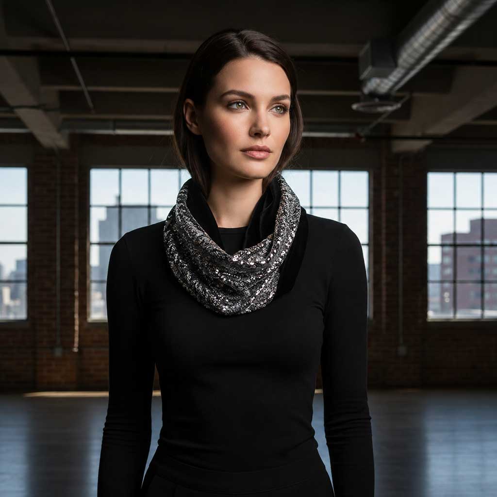 SILVER BLACK Snood φουλάρι με ασημί παγιέτα και μαύρο βελούδο