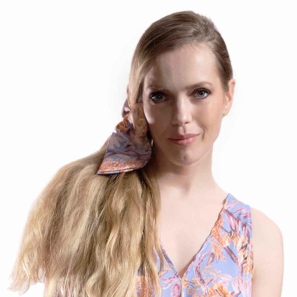 LILIAN: Εμπριμέ χειροποίητος, φιόγκος μαλλιών, με μπαρέτα, σατέν, λιλα, κιτρινο