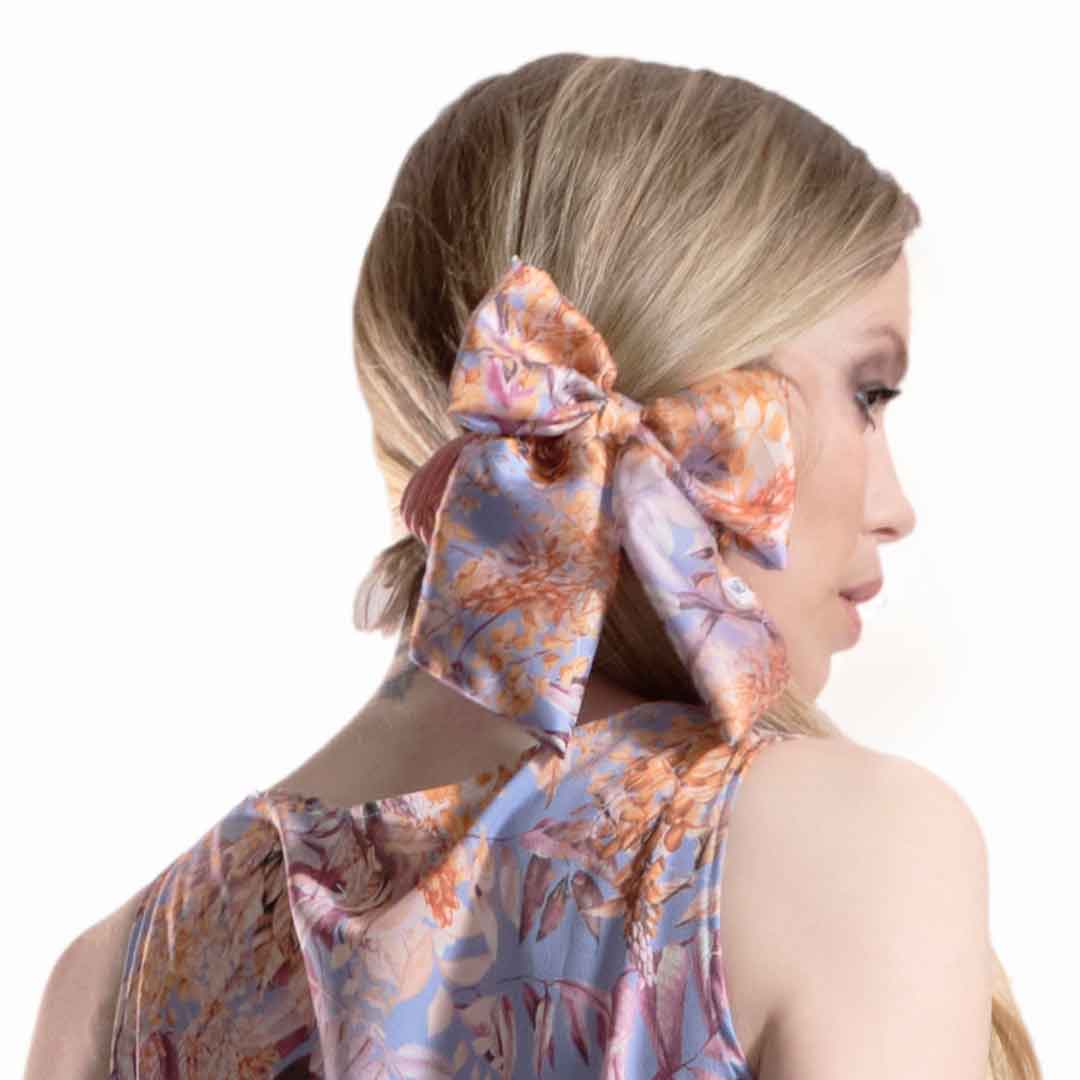 LILIAN: Εμπριμέ χειροποίητος, φιόγκος μαλλιών, με μπαρέτα, σατέν, λιλα, κιτρινο