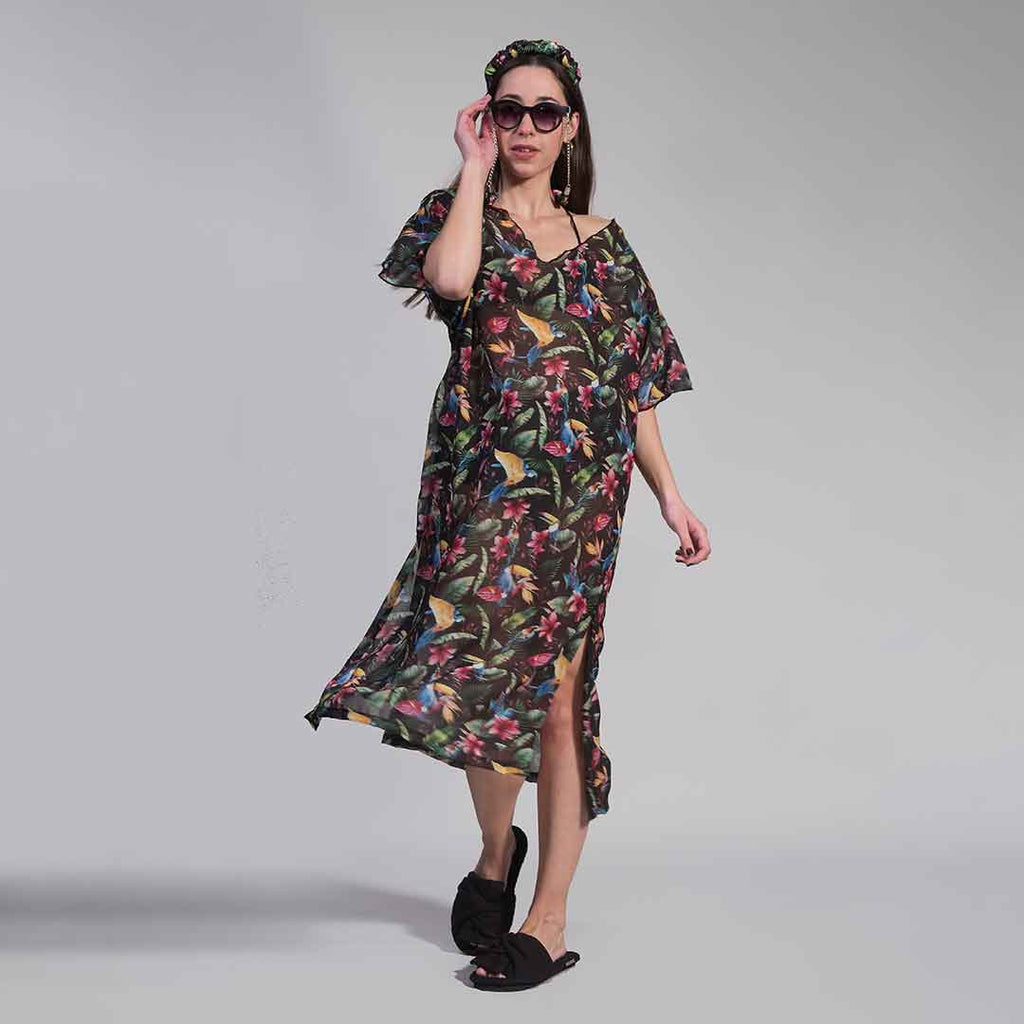 SAYA: Καφτάνι διάφανο μακρύ με V λαιμόκοψη κόκκινο, μαύρο, κίτρινο
