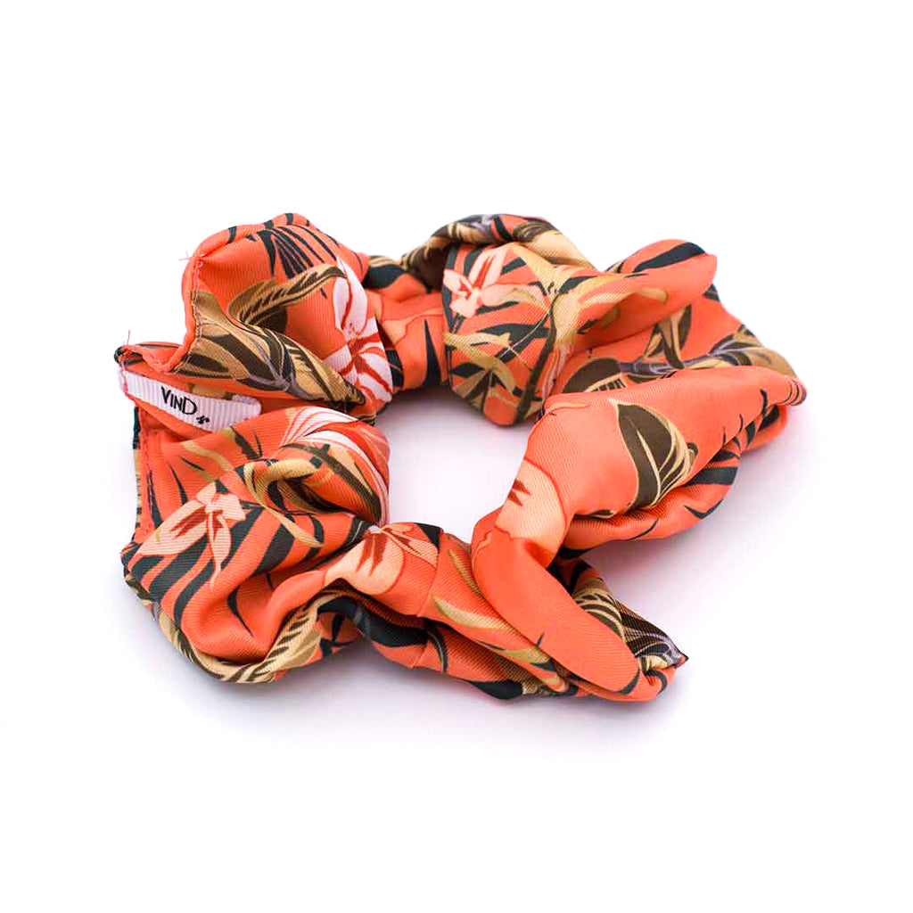 VIRGINIE ORANGE: Εμπριμέ λαστιχάκι μαλλιών scrunchie, τεχνητό μετάξι