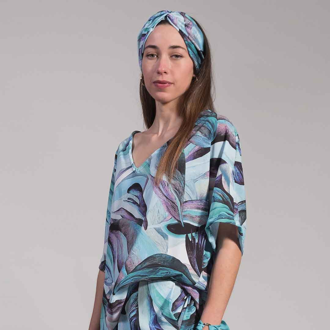 BERYL_W: Vneck top, θαλασσί, λευκό