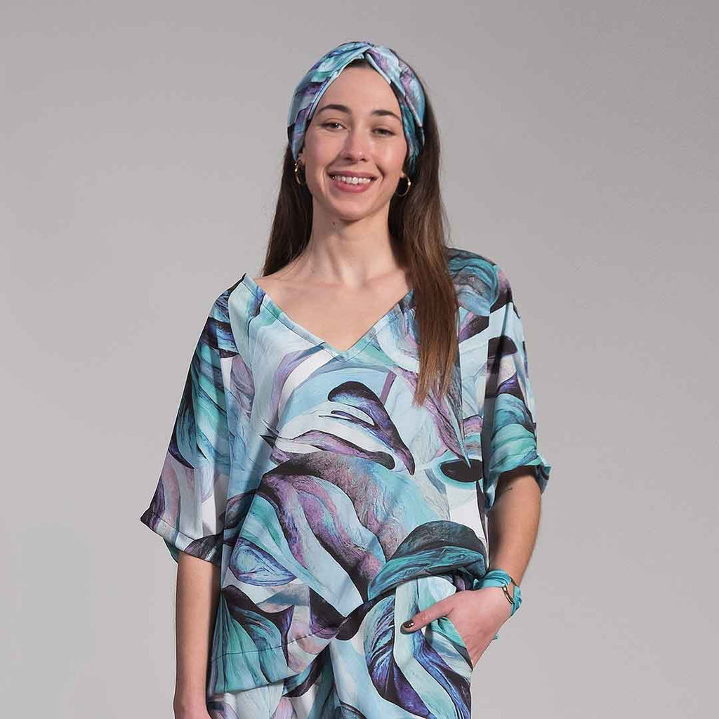 BERYL_W: Vneck top, θαλασσί, λευκό