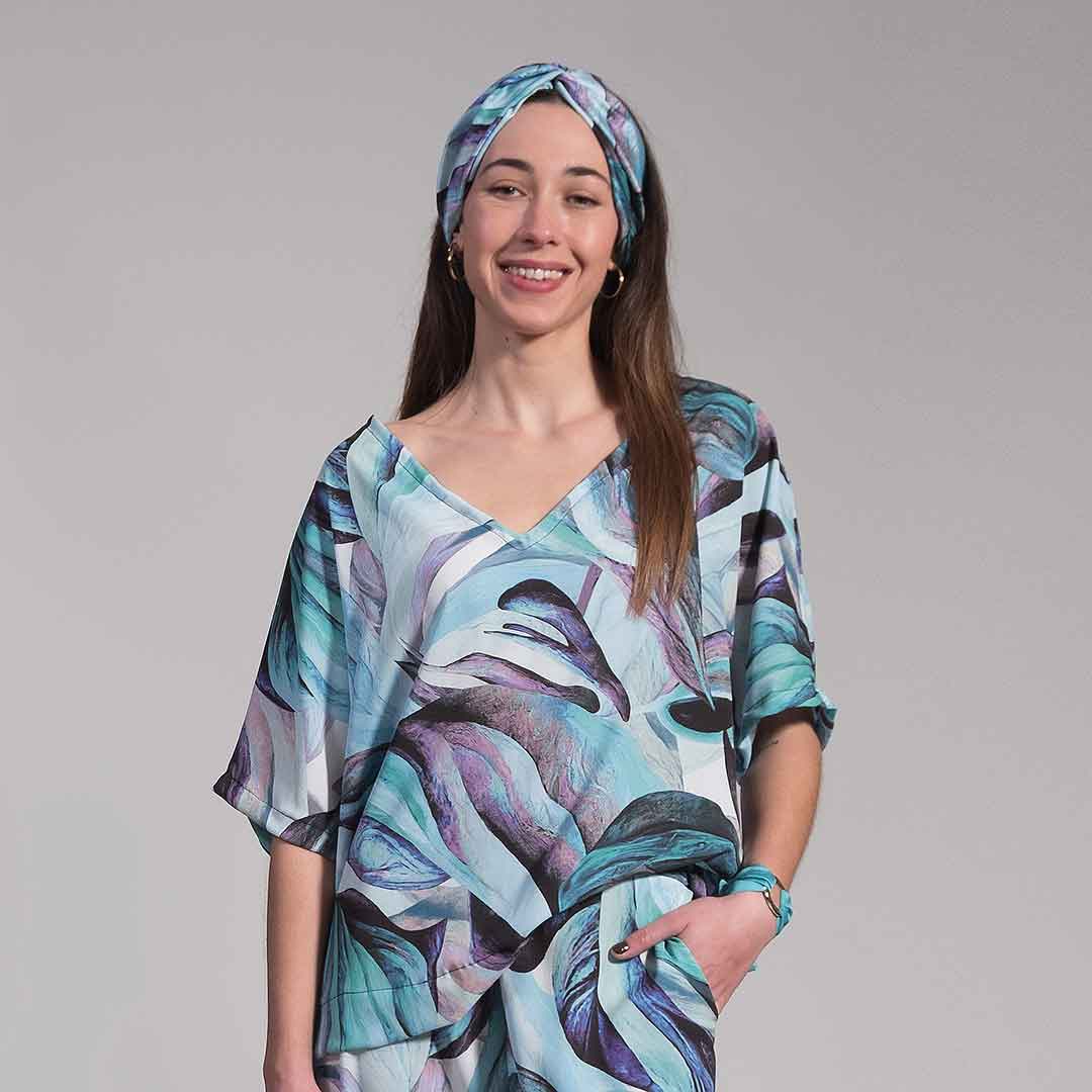 BERYL_W: Vneck top, θαλασσί, λευκό