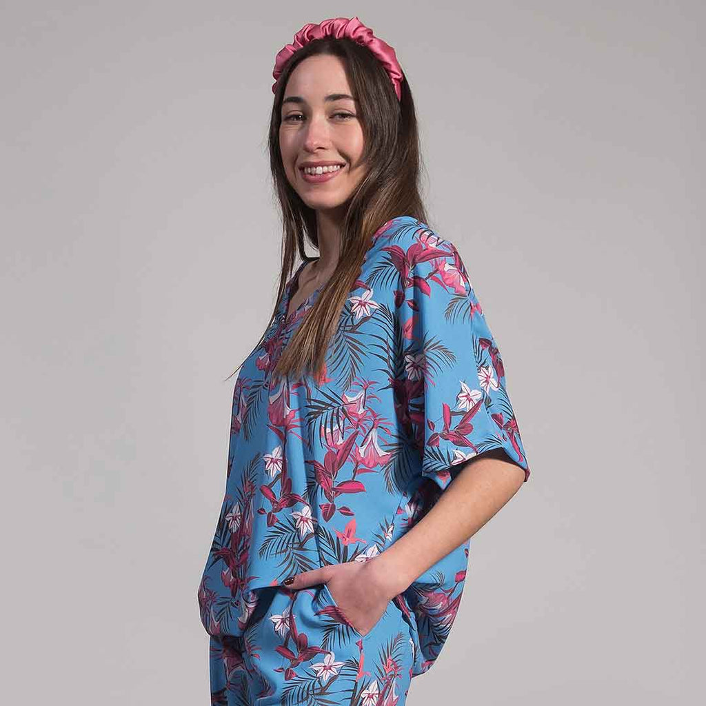 VIRGINIE_BLUE: Vneck top, μπλε, ματζέντα