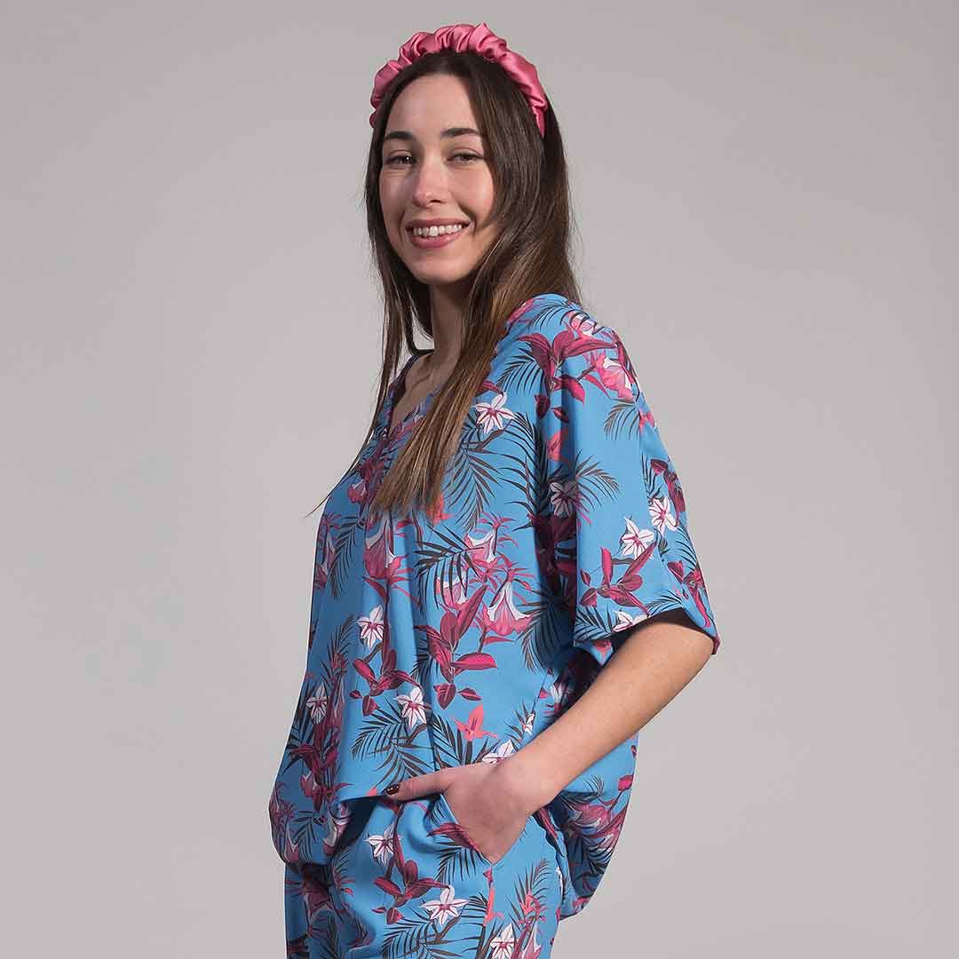 VIRGINIE_BLUE: Vneck top, μπλε, ματζέντα