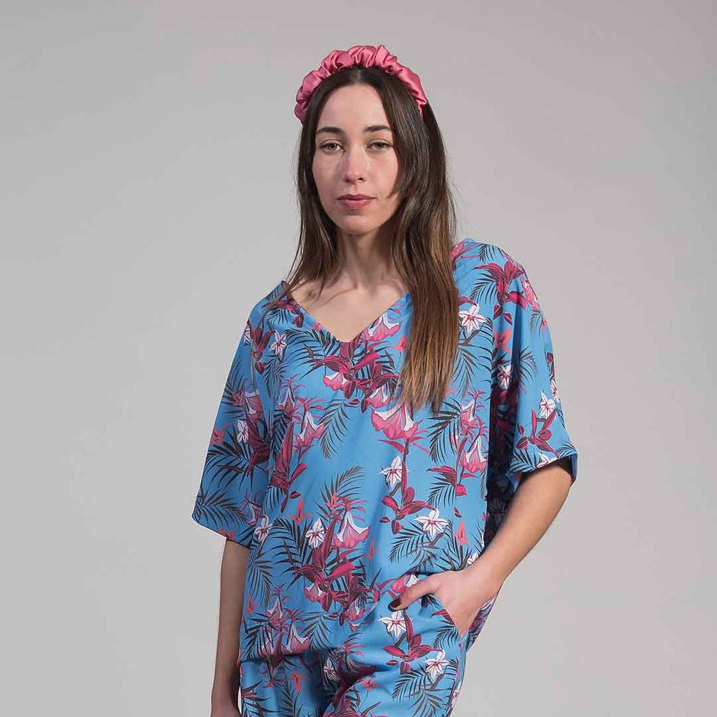 VIRGINIE_BLUE: Vneck top, μπλε, ματζέντα