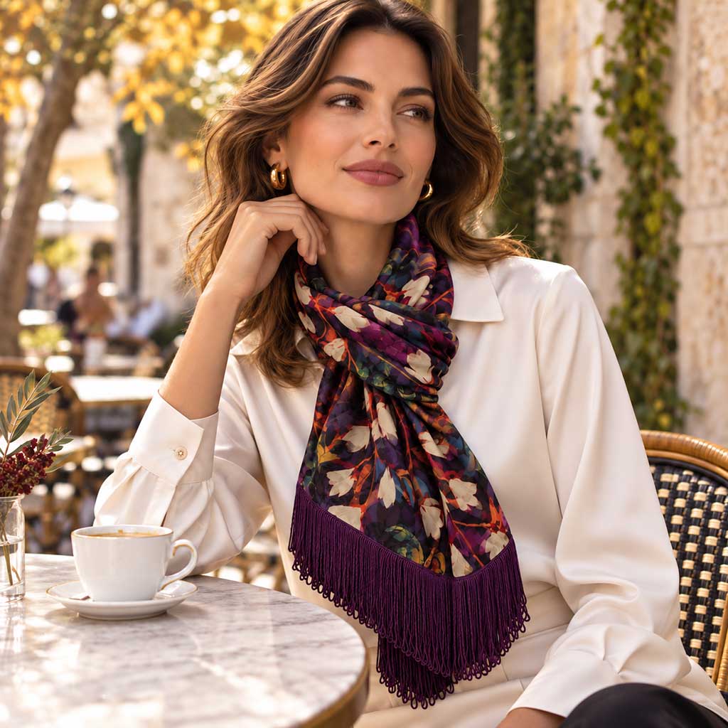AMANDA χειροποίητη εσάρπα από πολύχρωμο floral σατέν και μωβ βελούδο με κρόσσια – VinD.gr
