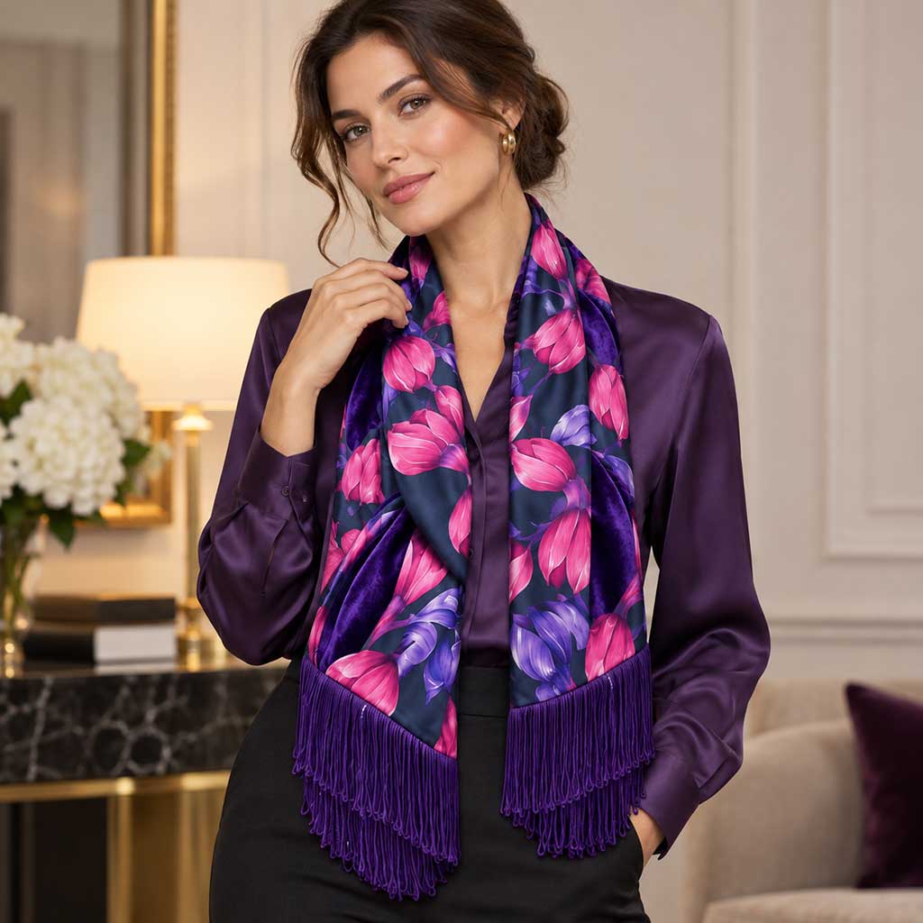 CAROL χειροποίητη εσάρπα με Jacobean floral print σε magenta και purple αποχρώσεις, βελούδο και κρόσσια