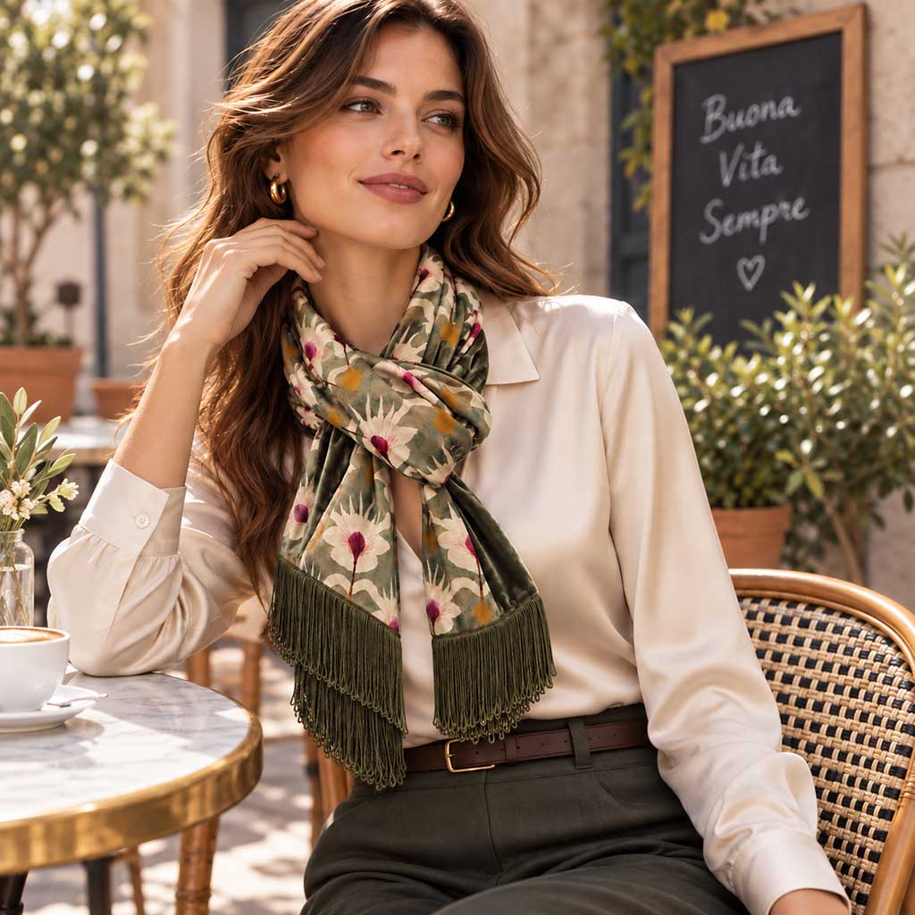 INES χειροποίητη εσάρπα με tribal floral print σε πράσινους και ivory χρωματισμούς, πράσινο βελούδο και κρόσσια