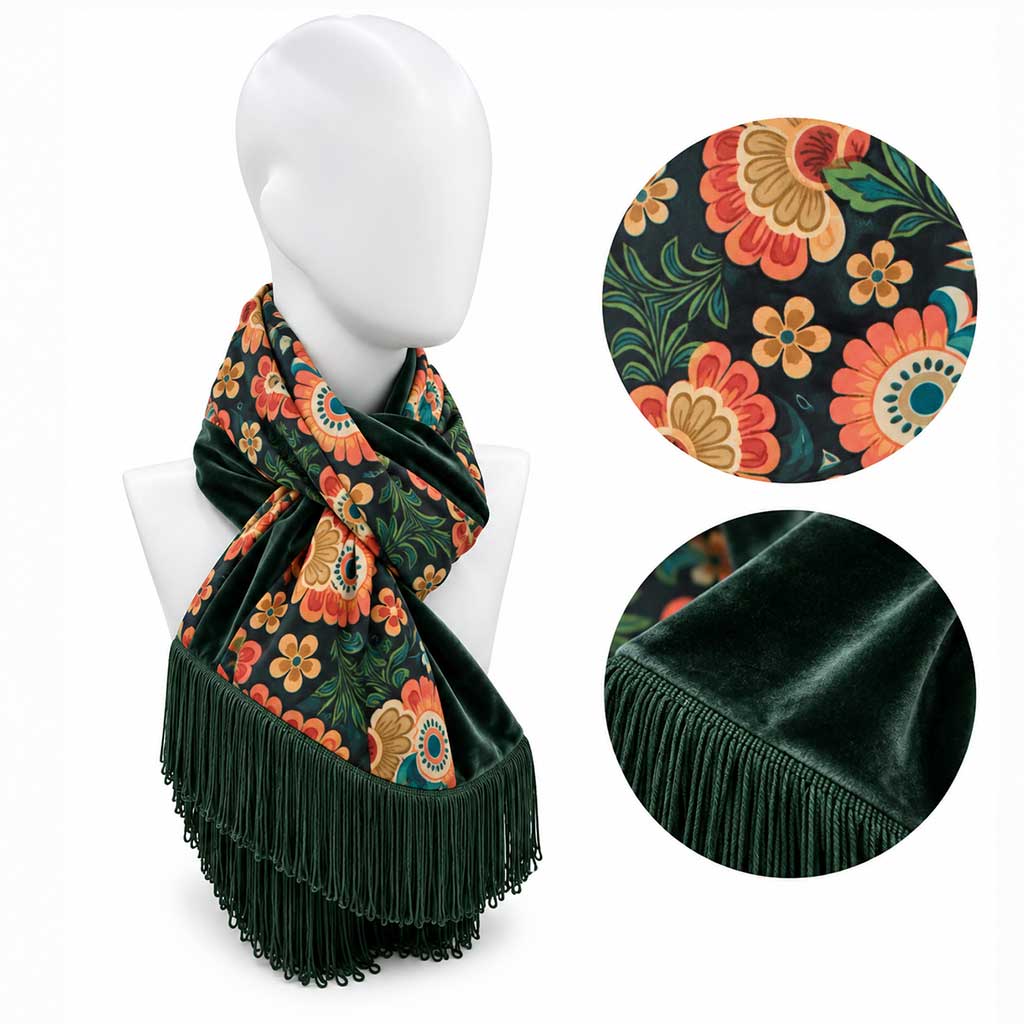 ISABEL εσάρπα 140x30 cm με folk pattern σε camel, green και terracotta φορεμένη σαν κασκόλ