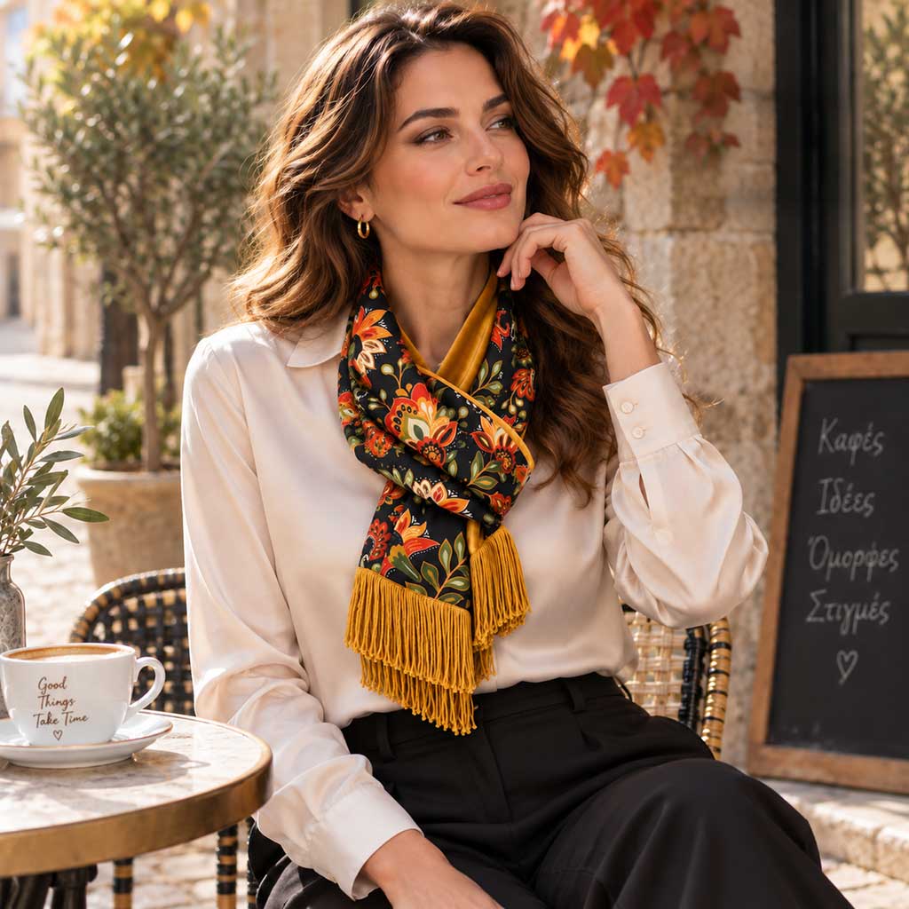 SALVADORA χειροποίητη εσάρπα με paisley μοτίβο σε black, olive και cinnamon αποχρώσεις, mustard βελούδο και κρόσσια