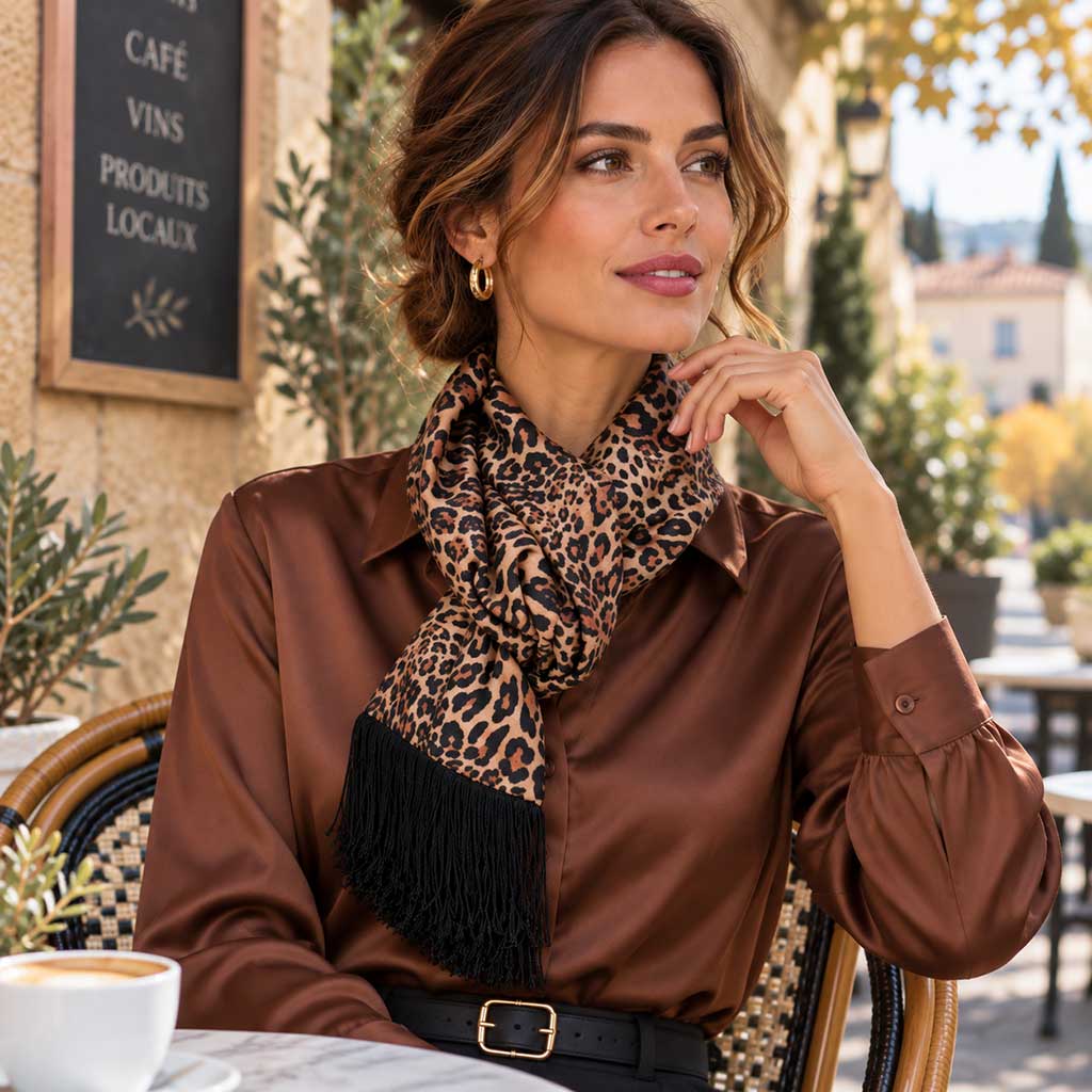 STEPHANIE χειροποίητη εσάρπα με leopard animal pattern σε camel και black αποχρώσεις, μαύρο βελούδο και κρόσσια