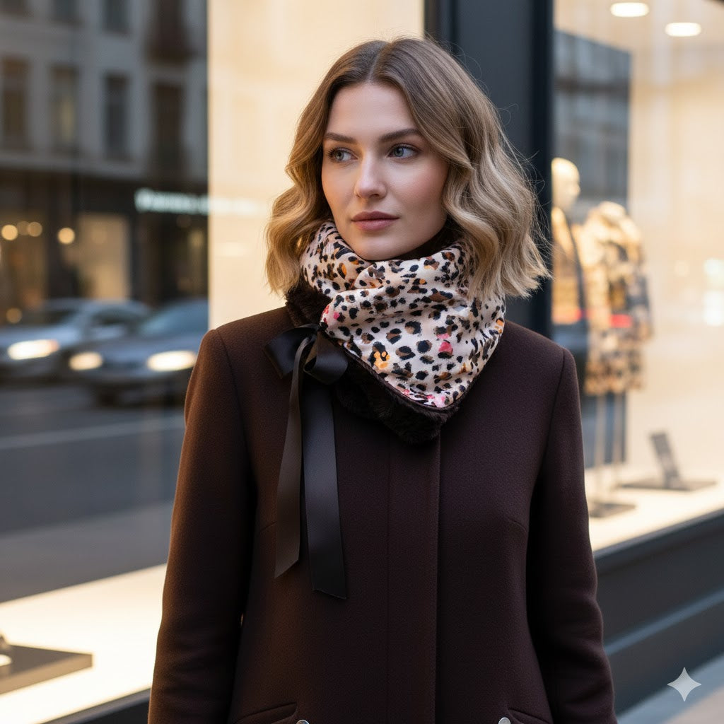 ARIANNA: Δετός λαιμός πράσινο brown, faux fur coffee, χειροποίητος