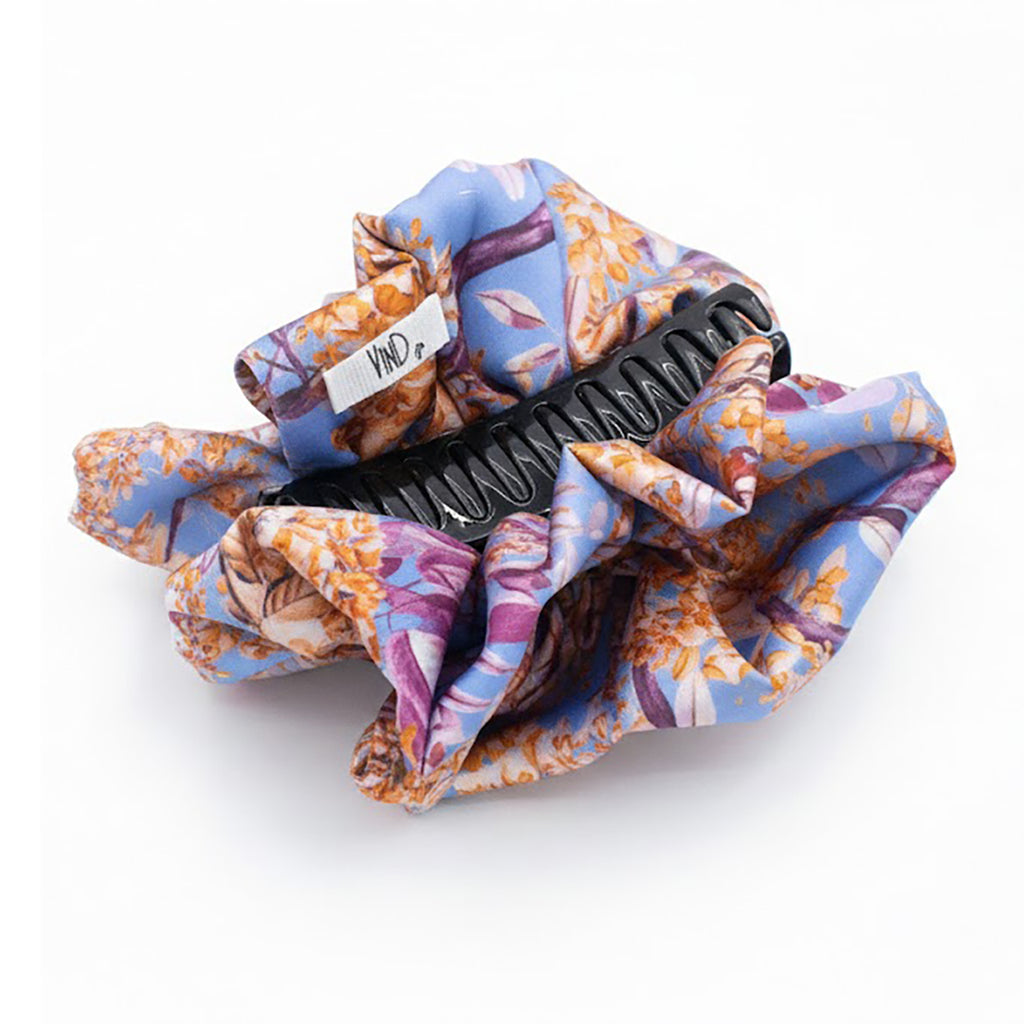 LILIAN: Klammer μαλλιών, με σατέν στολισμα, με spring floral pattern σε lila-yellow αποχρώσεις
