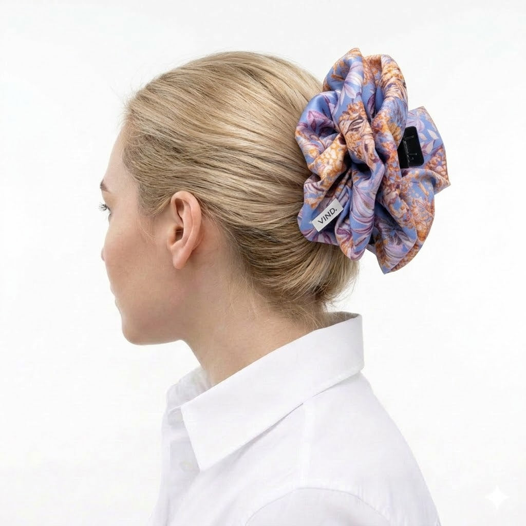 LILIAN: Klammer μαλλιών, με σατέν στολισμα, με spring floral pattern σε lila-yellow αποχρώσεις