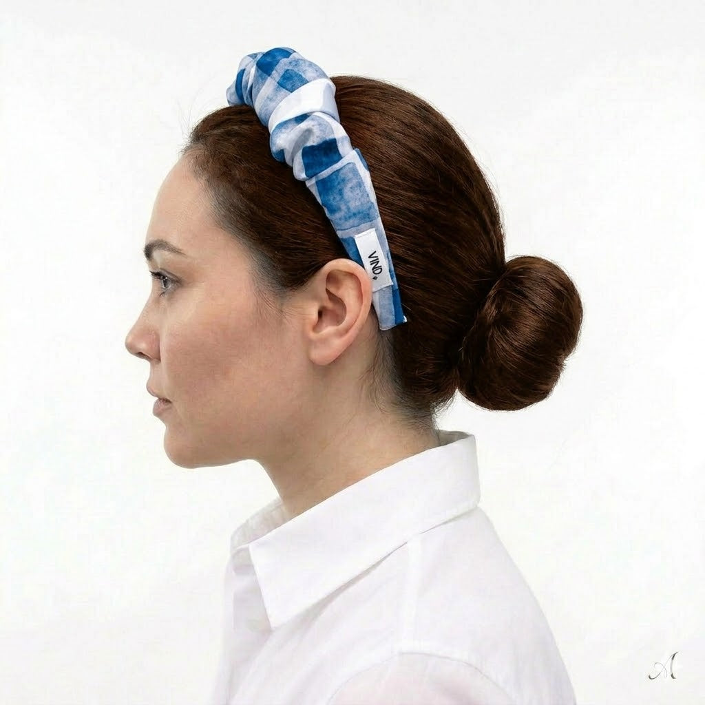 AMON: Εμπριμε στέκα μαλλιών, white, blue, σατεν, χειροποίητη