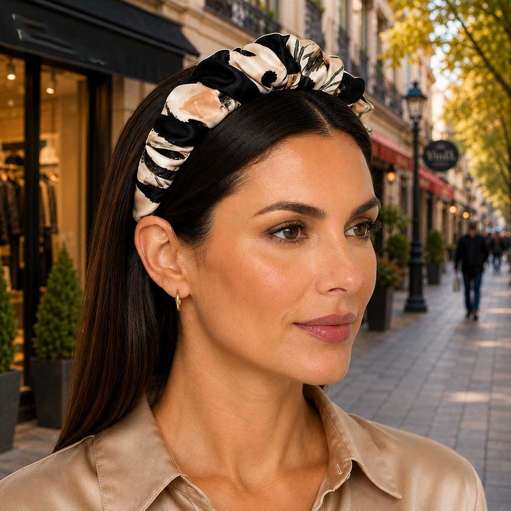 ELDA mocha black ivory floral satin στέκα μαλλιών – VinD.gr