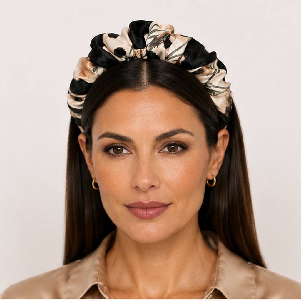 ELDA mocha black ivory floral satin στέκα μαλλιών – VinD.gr